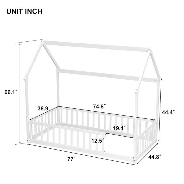 Alt view image 2 of 7 - Twin Size House Bed Frame with High Fence, White