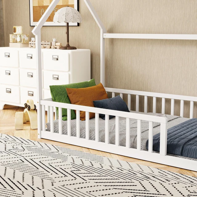 Alt view image 3 of 7 - Twin Size House Bed Frame with High Fence, White