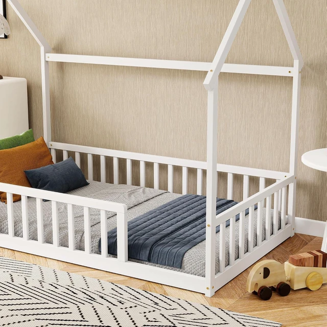 Alt view image 4 of 7 - Twin Size House Bed Frame with High Fence, White