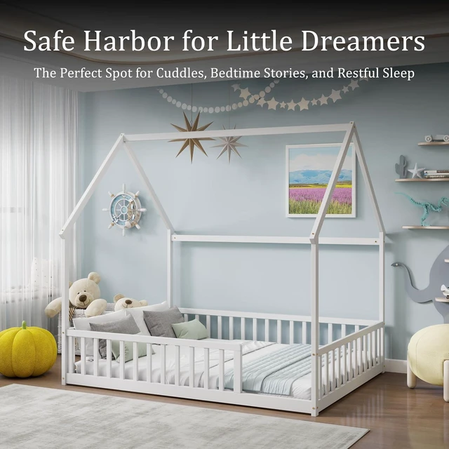 Alt view image 2 of 7 - Full Size House Bed Frame with High Fence, White