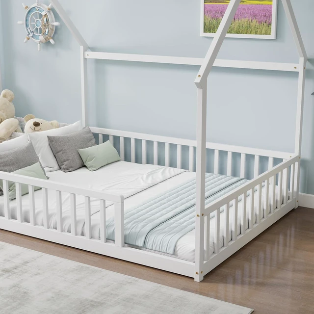 Alt view image 4 of 7 - Full Size House Bed Frame with High Fence, White