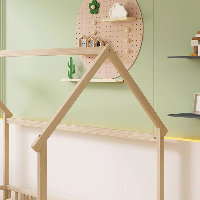 Alt view image 4 of 6 - Twin Size House Bed Frame with High Fence, Natural