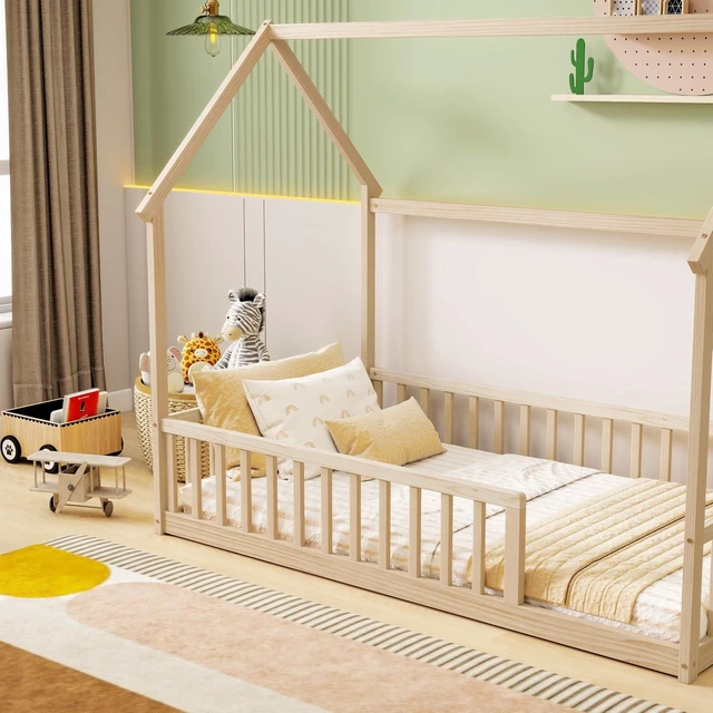 Alt view image 3 of 6 - Twin Size House Bed Frame with High Fence, Natural