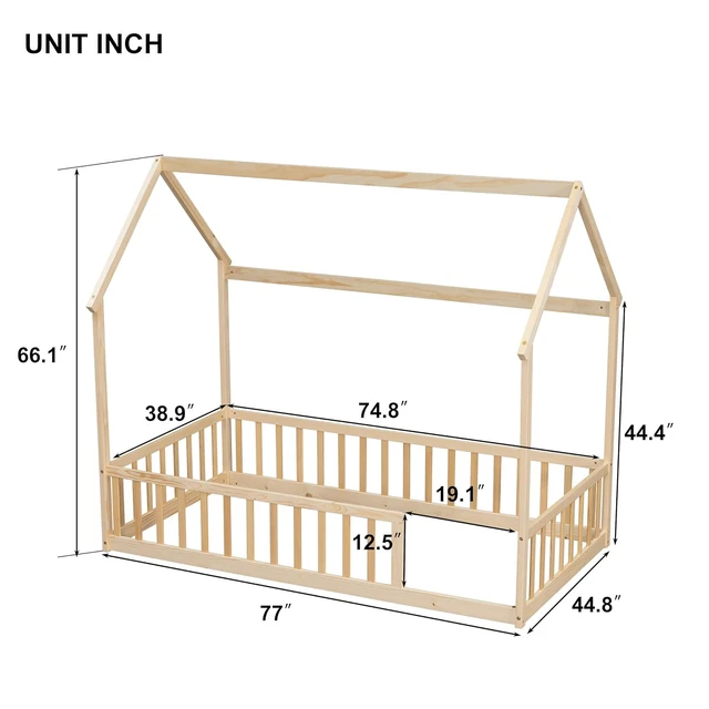 Alt view image 2 of 6 - Twin Size House Bed Frame with High Fence, Natural