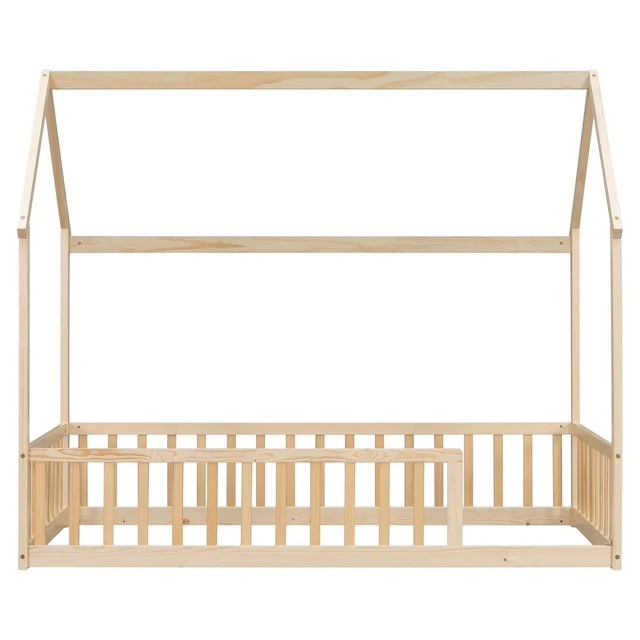 Alt view image 5 of 6 - Twin Size House Bed Frame with High Fence, Natural