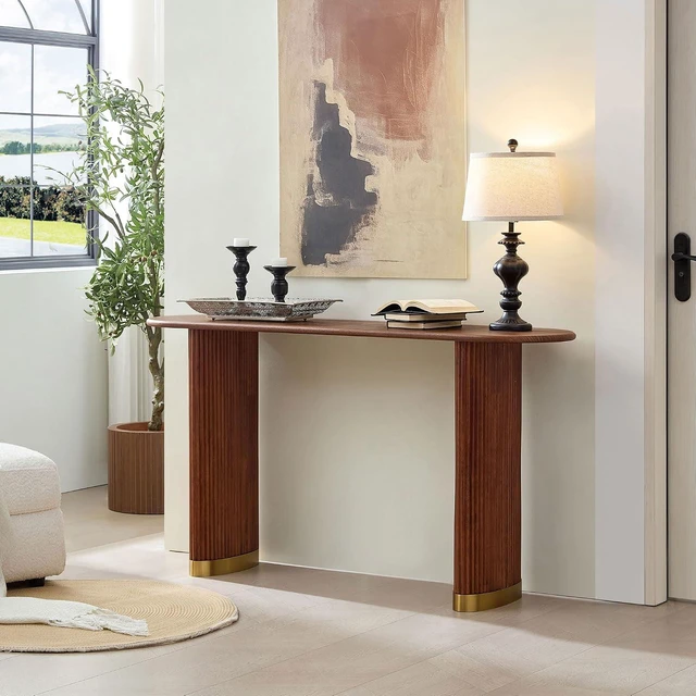 Alt view image 3 of 7 - Narrow Entryway Table with Stainless Steel Leg, Brown