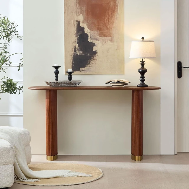 Main image of Narrow Entryway Table with Stainless Steel Leg, Brown