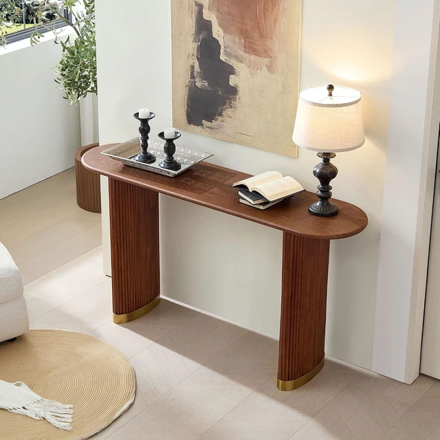 Alt view image 4 of 7 - Narrow Entryway Table with Stainless Steel Leg, Brown