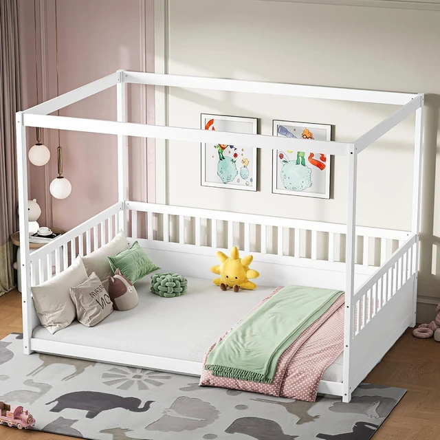 Alt view image 3 of 6 - Full Canopy Floor Bed Frame with Guardrails for Kids, White