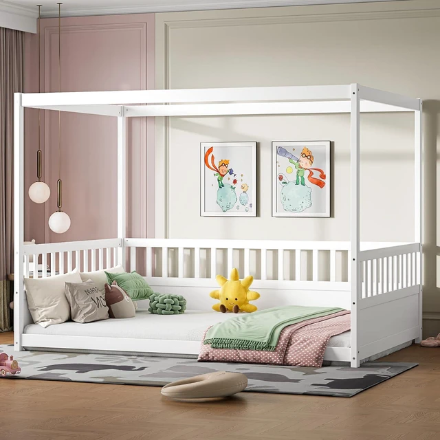 Alt view image 4 of 6 - Full Canopy Floor Bed Frame with Guardrails for Kids, White