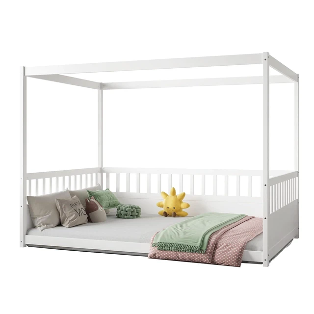 Alt view image 5 of 6 - Full Canopy Floor Bed Frame with Guardrails for Kids, White