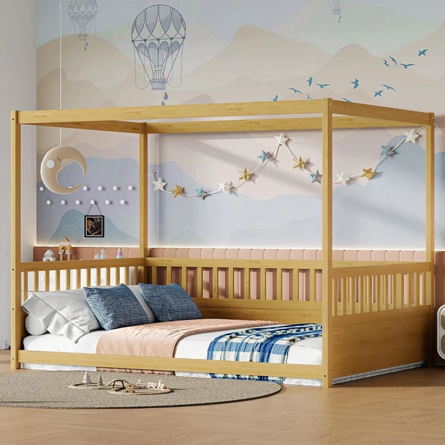 Main image of Full Canopy Floor Bed Frame with Guardrails for Kids, Natural Wood