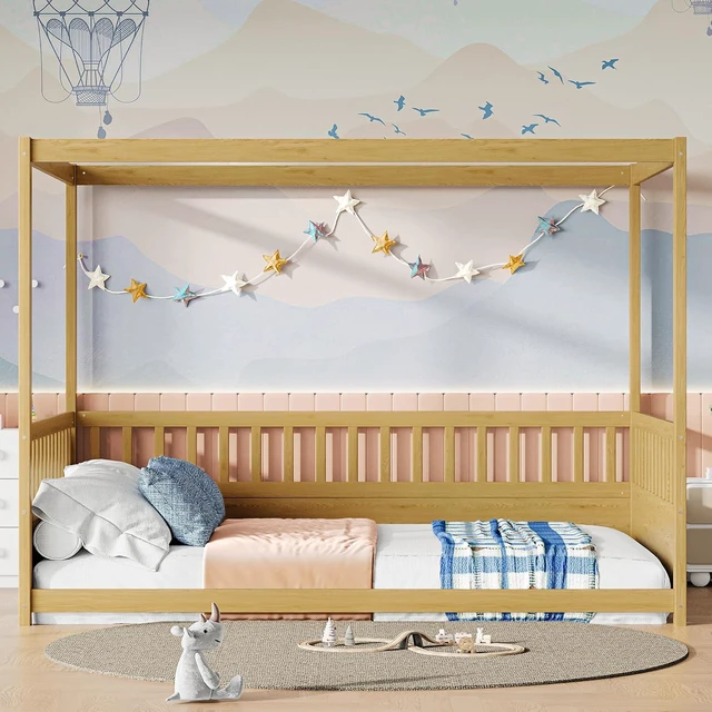 Alt view image 4 of 7 - Full Canopy Floor Bed Frame with Guardrails for Kids, Natural Wood