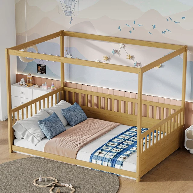 Alt view image 3 of 7 - Full Canopy Floor Bed Frame with Guardrails for Kids, Natural Wood