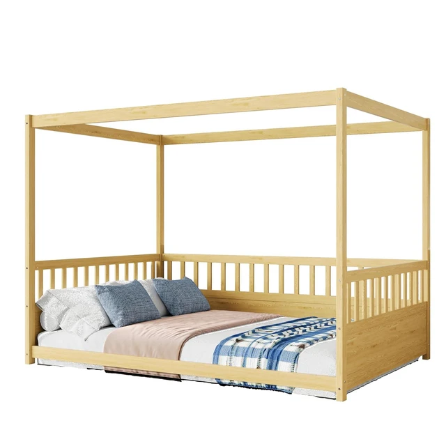 Alt view image 6 of 7 - Full Canopy Floor Bed Frame with Guardrails for Kids, Natural Wood