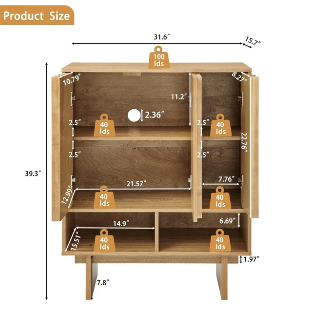 Alt view image 2 of 7 - 31.6" Mid Century Buffet Cabinet with 3 Door, Natural
