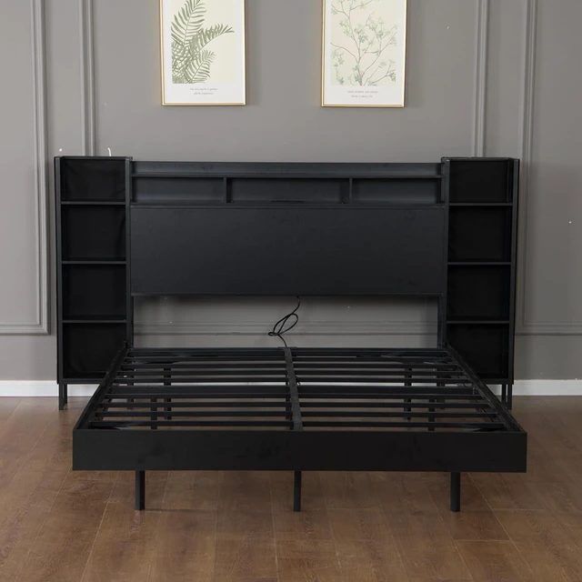 Alt view image 7 of 7 - Floating Platform Bed Frame Full Size with Bookshelf Headboard, Metal Bed Frame with Led Lights and Charging Port, No Box Spring Needed, Black