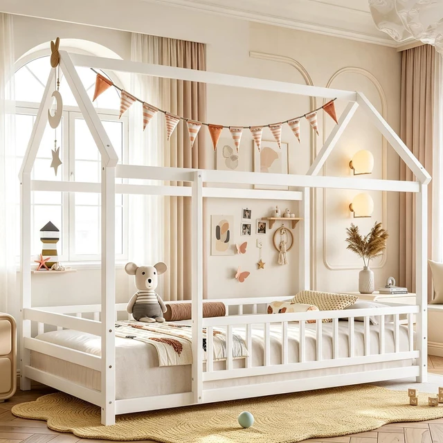 Main image of Montessori House Bed with High Guardrai and Openable Entrance On Railing, Kids Wood Floor Bed for Independent Sleep Training, Twin Size, White