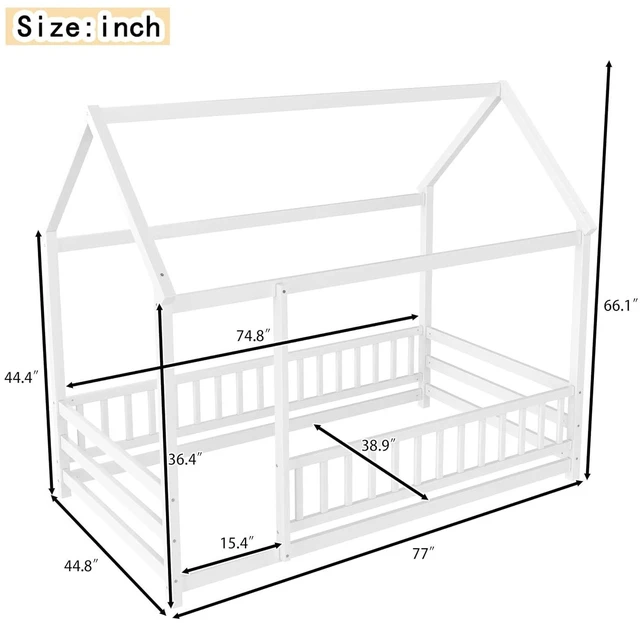 Alt view image 2 of 5 - Montessori House Bed with High Guardrai and Openable Entrance On Railing, Kids Wood Floor Bed for Independent Sleep Training, Twin Size, White