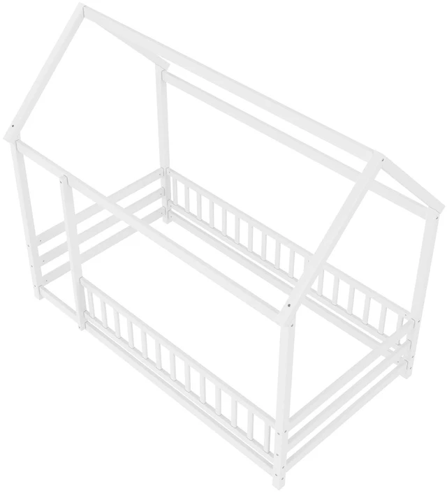 Alt view image 3 of 5 - Montessori House Bed with High Guardrai and Openable Entrance On Railing, Kids Wood Floor Bed for Independent Sleep Training, Twin Size, White