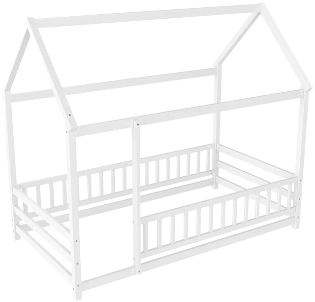 Alt view image 4 of 5 - Montessori House Bed with High Guardrai and Openable Entrance On Railing, Kids Wood Floor Bed for Independent Sleep Training, Twin Size, White