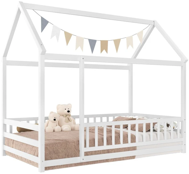 Alt view image 5 of 5 - Montessori House Bed with High Guardrai and Openable Entrance On Railing, Kids Wood Floor Bed for Independent Sleep Training, Twin Size, White
