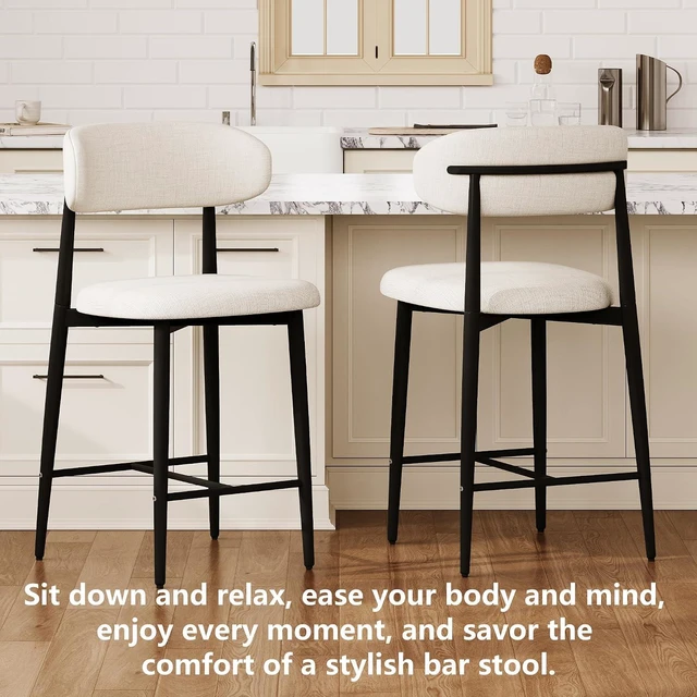 Alt view image 6 of 7 - Wooden Bar Stools Set of 2 with Ergonomic Backrest, Beige
