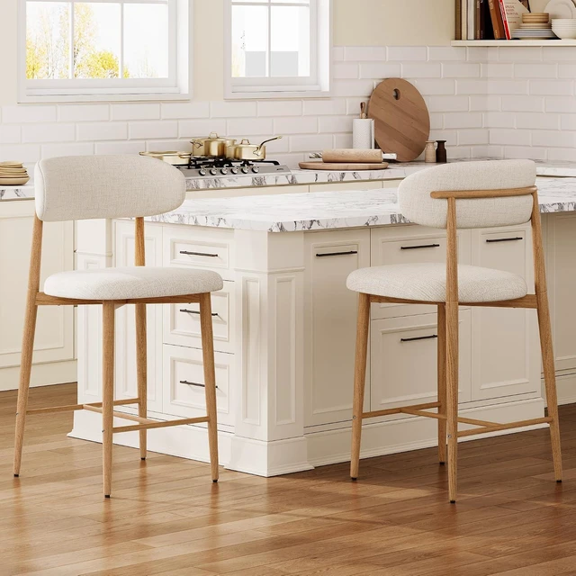 Alt view image 3 of 7 - Wooden Bar Stools Set of 2 with Ergonomic Backrest, Beige