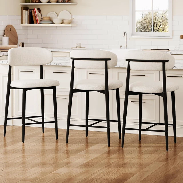Alt view image 3 of 7 - Wooden Bar Stools Set of 4 with Ergonomic Backrest, Beige