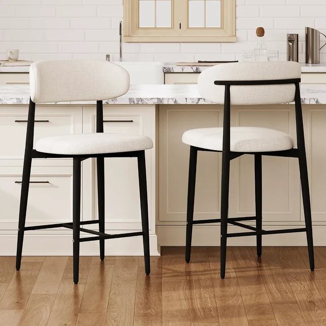 Alt view image 4 of 7 - Wooden Bar Stools Set of 4 with Ergonomic Backrest, Beige