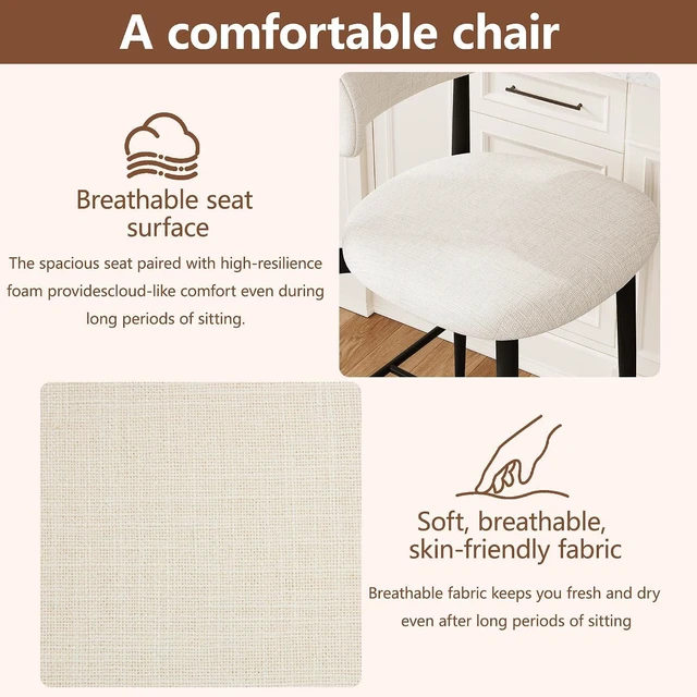 Alt view image 6 of 7 - Wooden Bar Stools Set of 4 with Ergonomic Backrest, Beige