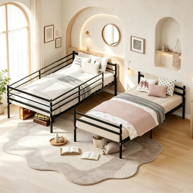 Alt view image 2 of 7 - Convertible Bunk Bed with Under Bed Storage Space and Safety Guardrail, Heavy Duty Metal Bunk Bed for Kids Teens, No Box Spring Needed, Twin Over Twin Size, Black
