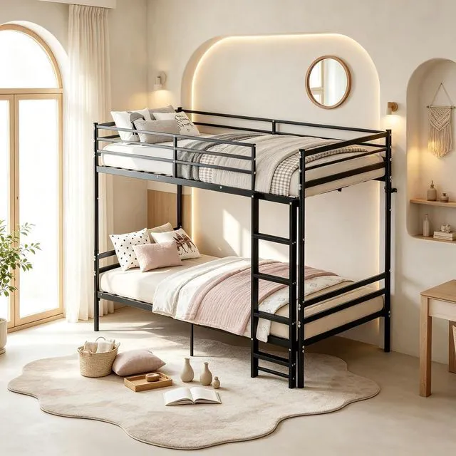Main image of Convertible Bunk Bed with Under Bed Storage Space and Safety Guardrail, Heavy Duty Metal Bunk Bed for Kids Teens, No Box Spring Needed, Twin Over Twin Size, Black