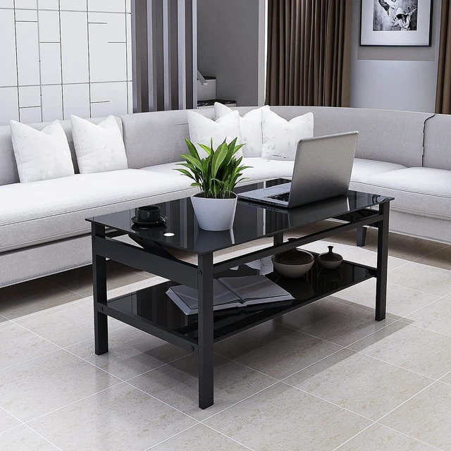 Alt view image 3 of 7 - Lift Top Glass Coffee Table with Storage Shelf, Black