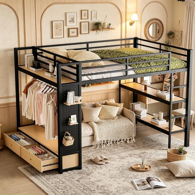 Main image of Metal Loft Bed with 2 Storage Drawers and Pegboard for Kids Teens, High Loft Bed with Open Shelves and Hanging Rod for Dormitory Apartment, Queen Size, Black