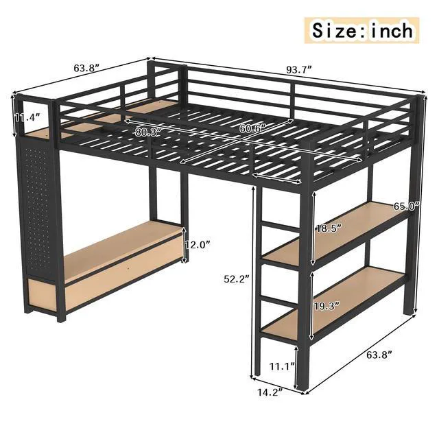 Alt view image 2 of 7 - Metal Loft Bed with 2 Storage Drawers and Pegboard for Kids Teens, High Loft Bed with Open Shelves and Hanging Rod for Dormitory Apartment, Queen Size, Black