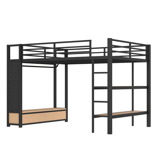 Alt view image 3 of 7 - Metal Loft Bed with 2 Storage Drawers and Pegboard for Kids Teens, High Loft Bed with Open Shelves and Hanging Rod for Dormitory Apartment, Queen Size, Black