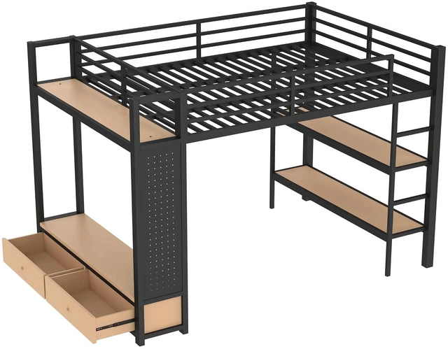 Alt view image 4 of 7 - Metal Loft Bed with 2 Storage Drawers and Pegboard for Kids Teens, High Loft Bed with Open Shelves and Hanging Rod for Dormitory Apartment, Queen Size, Black