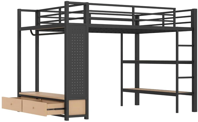 Alt view image 5 of 7 - Metal Loft Bed with 2 Storage Drawers and Pegboard for Kids Teens, High Loft Bed with Open Shelves and Hanging Rod for Dormitory Apartment, Queen Size, Black