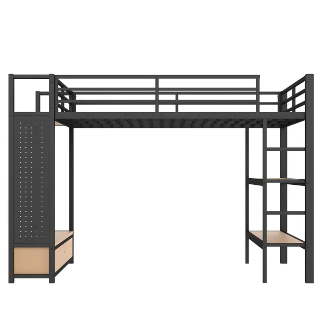 Alt view image 6 of 7 - Metal Loft Bed with 2 Storage Drawers and Pegboard for Kids Teens, High Loft Bed with Open Shelves and Hanging Rod for Dormitory Apartment, Queen Size, Black