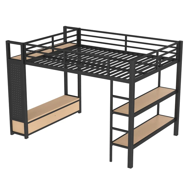 Alt view image 7 of 7 - Metal Loft Bed with 2 Storage Drawers and Pegboard for Kids Teens, High Loft Bed with Open Shelves and Hanging Rod for Dormitory Apartment, Queen Size, Black