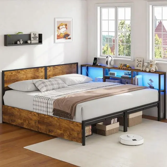 Main image of Twin Beds for 2 Kids with Storage Bookcase Divider, Brown