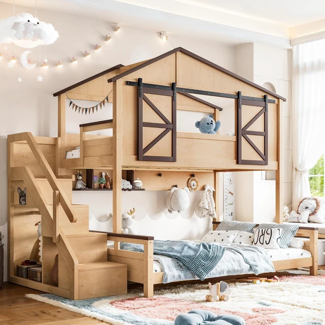 Main image of Twin Over Full House Bunk Bed with Sliding Window, Natural