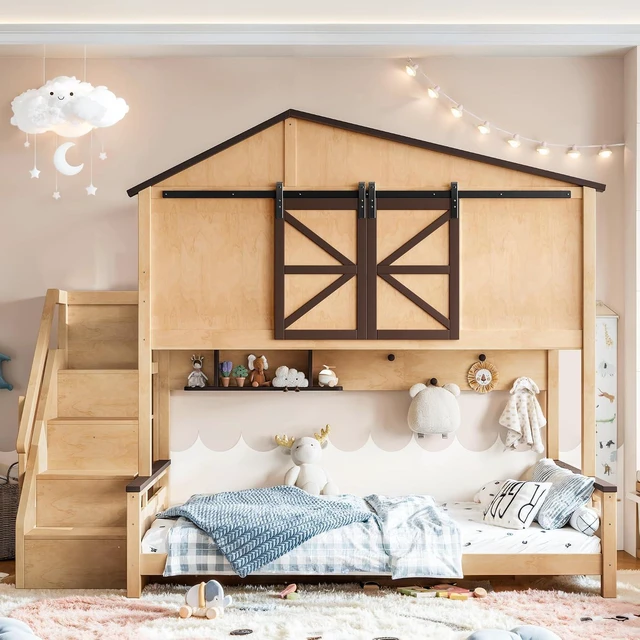 Alt view image 3 of 7 - Twin Over Full House Bunk Bed with Sliding Window, Natural