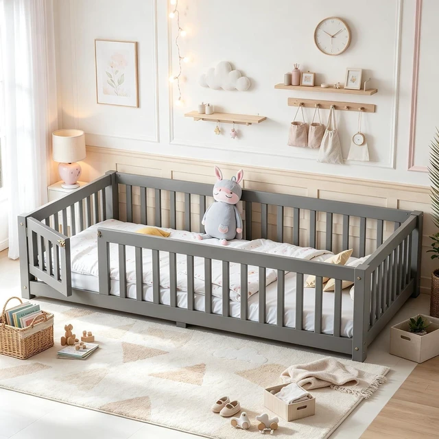 Main image of Solid Pine Floor Bed with Guardrails and Door for Girls Boys, Montessori Kids Bed with Fence Gate for Sleeping Transition, Twin Size, Gray