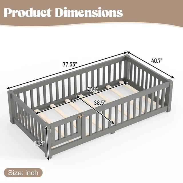 Alt view image 2 of 7 - Solid Pine Floor Bed with Guardrails and Door for Girls Boys, Montessori Kids Bed with Fence Gate for Sleeping Transition, Twin Size, Gray