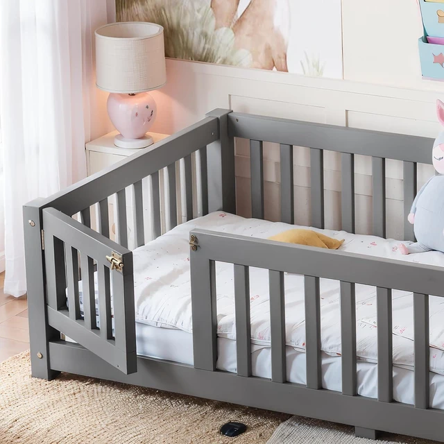 Alt view image 3 of 7 - Solid Pine Floor Bed with Guardrails and Door for Girls Boys, Montessori Kids Bed with Fence Gate for Sleeping Transition, Twin Size, Gray