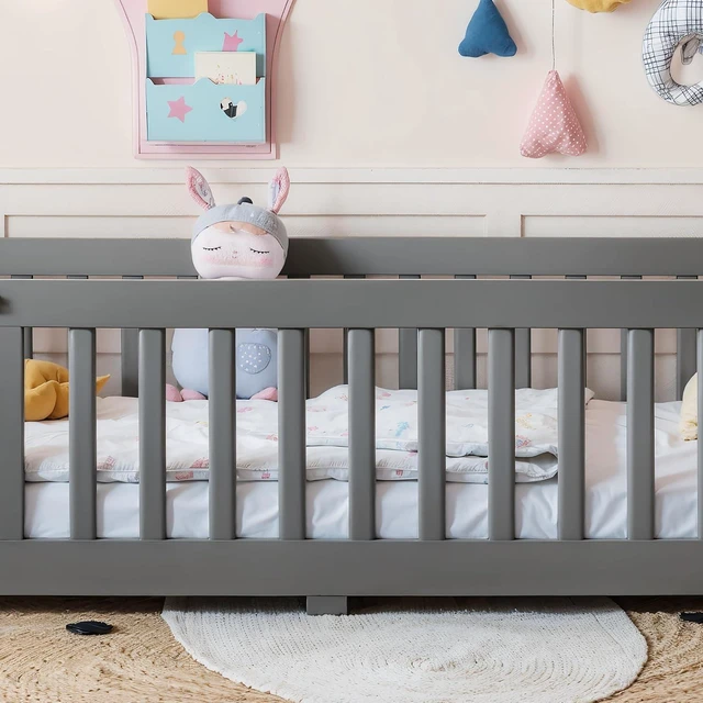 Alt view image 4 of 7 - Solid Pine Floor Bed with Guardrails and Door for Girls Boys, Montessori Kids Bed with Fence Gate for Sleeping Transition, Twin Size, Gray