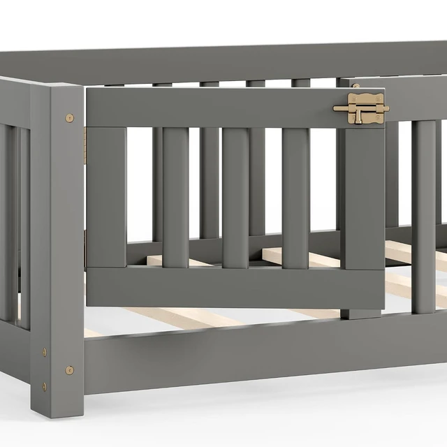 Alt view image 5 of 7 - Solid Pine Floor Bed with Guardrails and Door for Girls Boys, Montessori Kids Bed with Fence Gate for Sleeping Transition, Twin Size, Gray