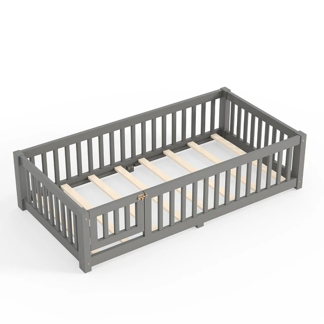 Alt view image 6 of 7 - Solid Pine Floor Bed with Guardrails and Door for Girls Boys, Montessori Kids Bed with Fence Gate for Sleeping Transition, Twin Size, Gray
